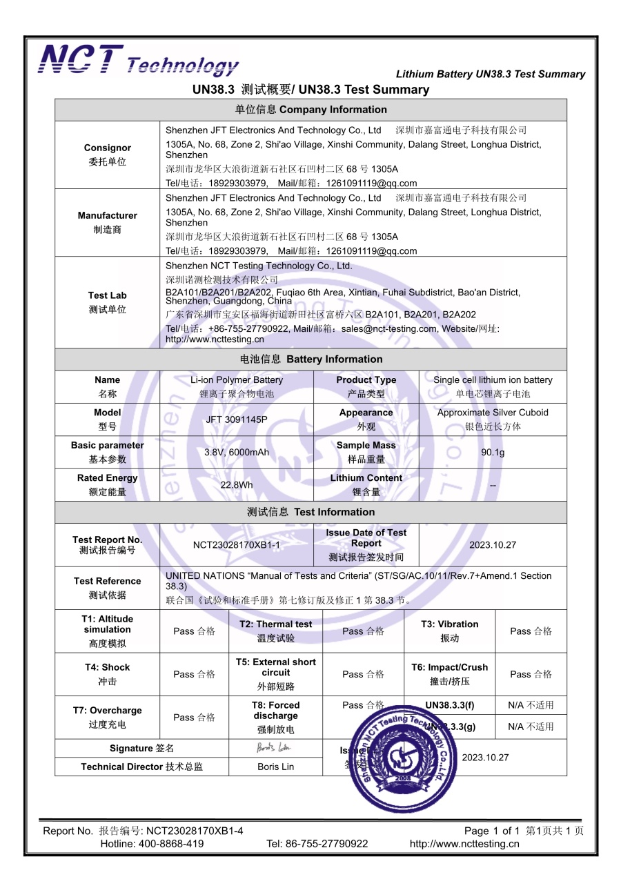 JFT3091145P UN38.3 Test Summary